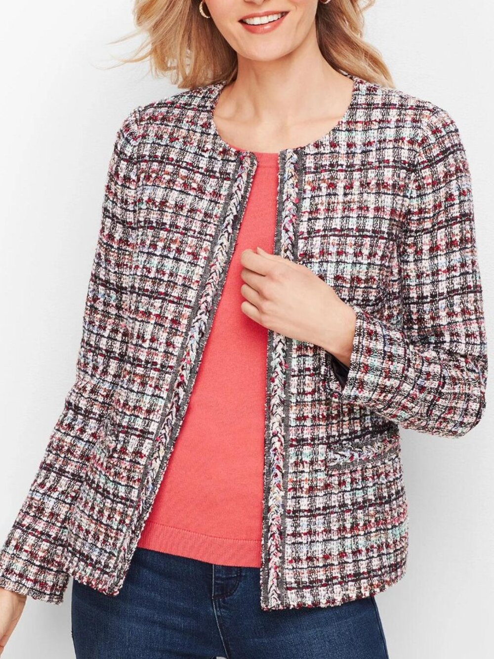 Talbots 16WP Adele colorful rainbow tweed collarless jacket braided trim petite
